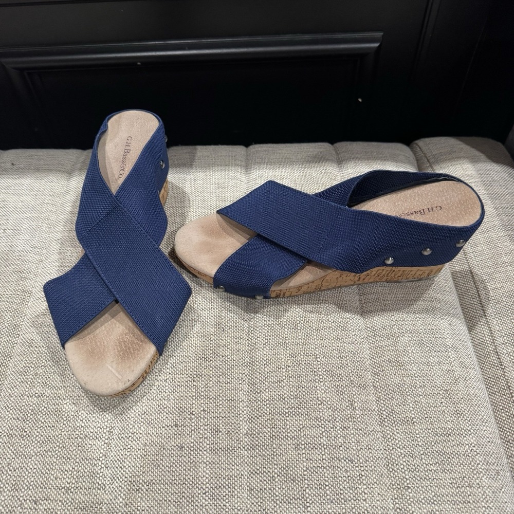 G. H. Bass & Co Julian‎ Navy Stretch Band Cork Wedge Sandals Womens Size 8.5